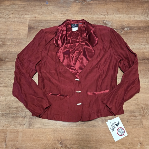 Wild Rose Jackets & Blazers - NWT! Vintage Wild Rose Burgundy Satin-Trim Blazer Size 12 Rhinestone Buttons